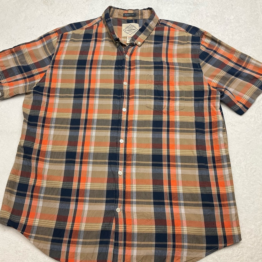 ST. JOHNS BAY Tan Orange Blue Plaid Casual Button Down Short Sleeve Shirt Men XL